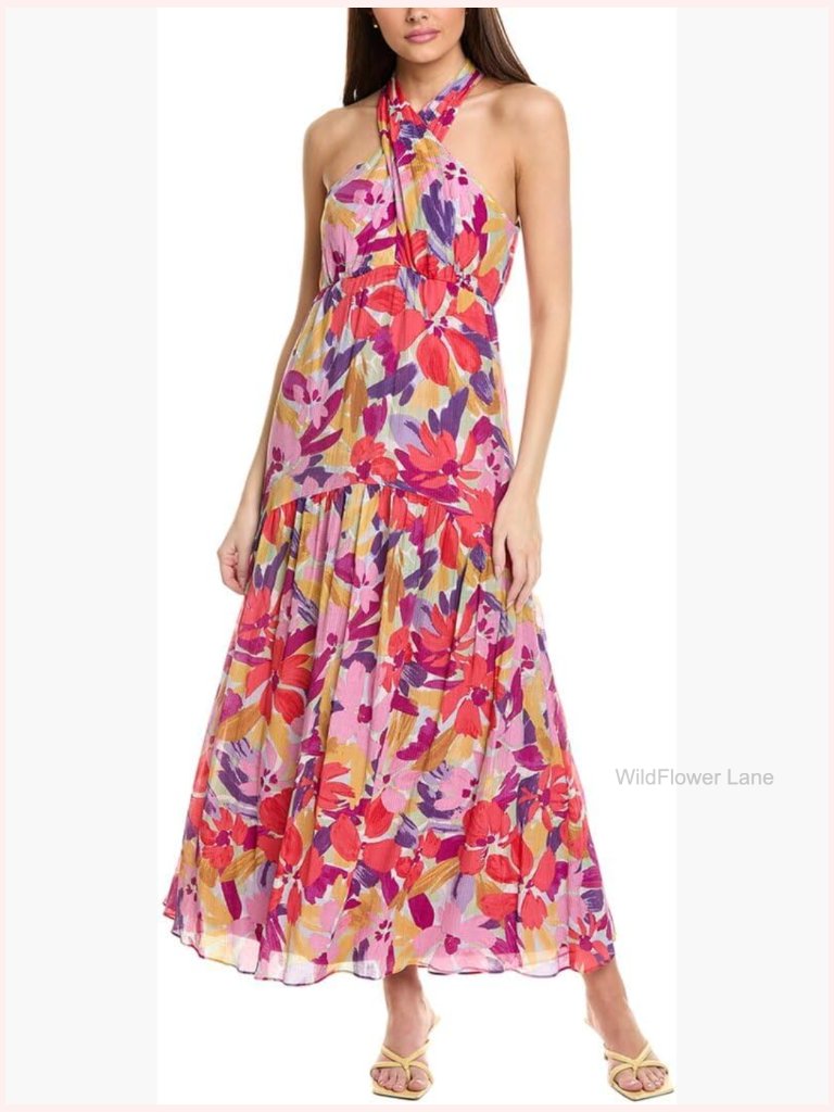 Sleeveless X Front Halter Neck Floral Maxi Dress With Tiered Skirt